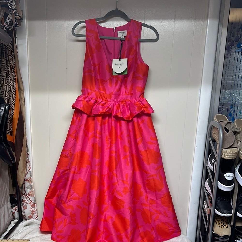 kate spade Pink and Red Floral Peplum Midi Dress